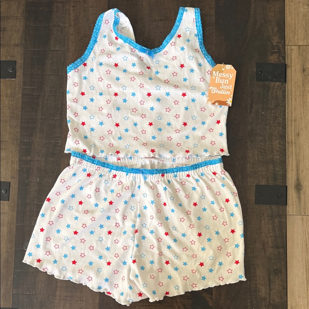 Messy Bun Just Chillin' Star Print Pajama Romper - White with Red & Blue Stars